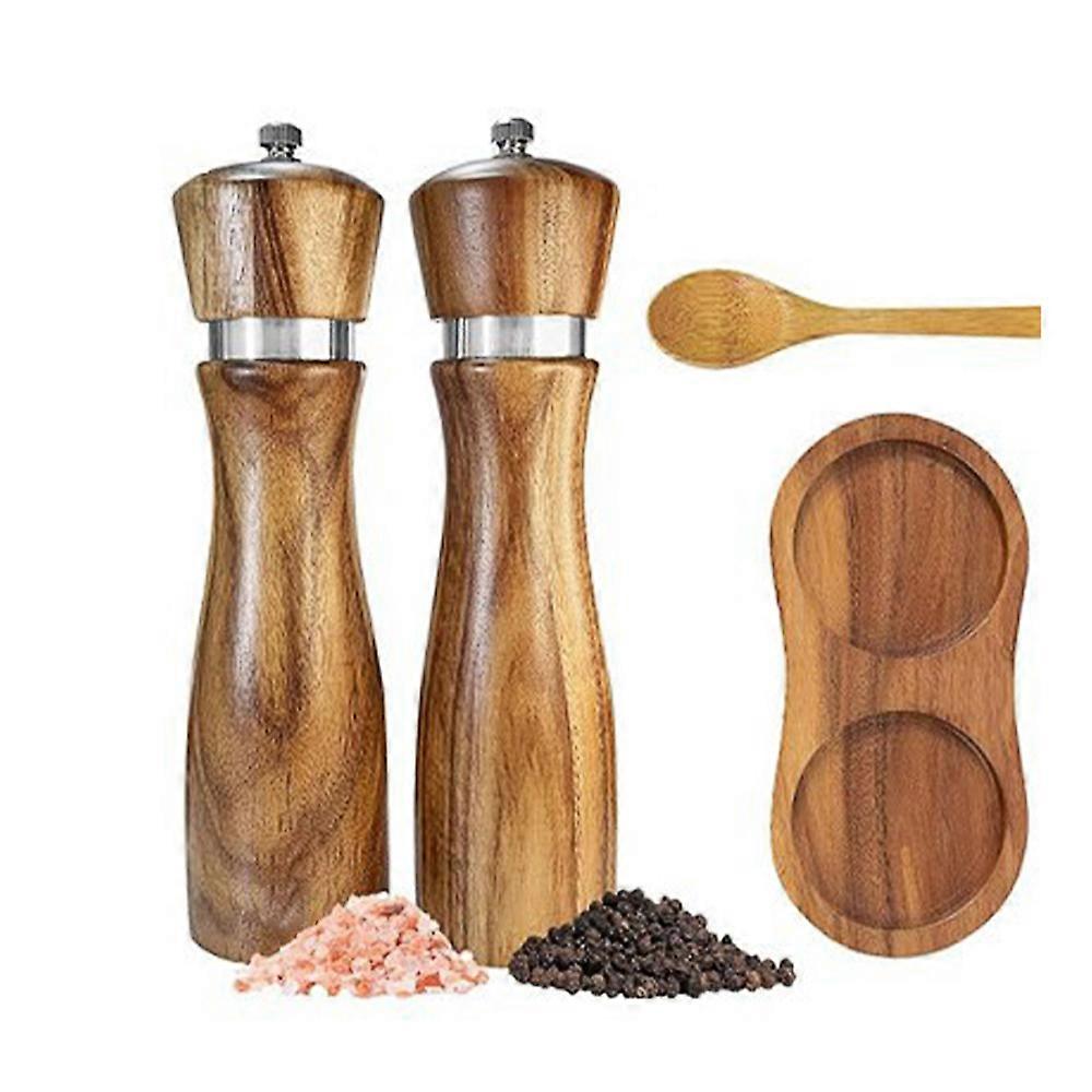 Spice Grinder Set - Salt And Pepper Grinders - Spoon With Coaster