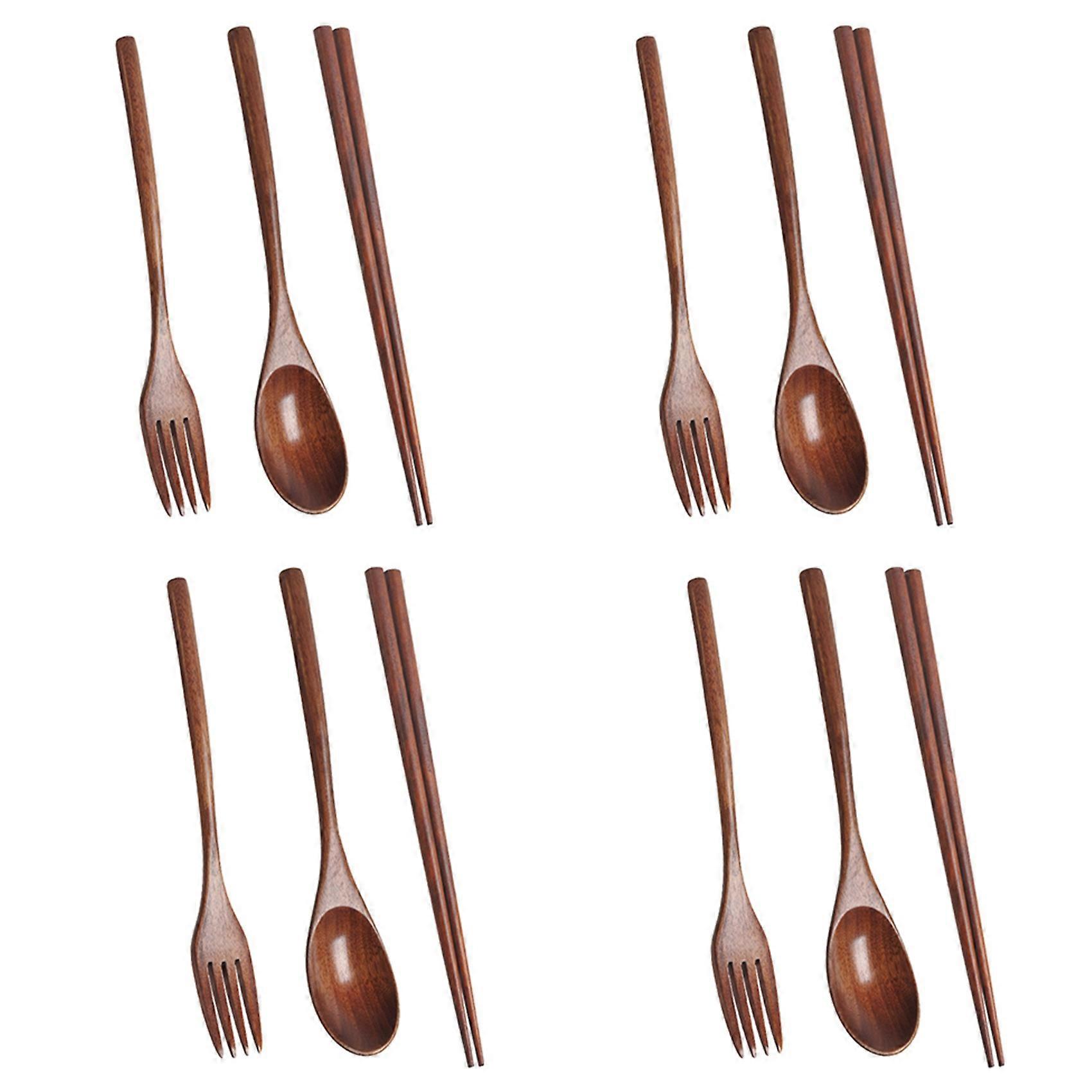 4X Wooden Cutlery Set Portable Eco Friendly Reusable Flatware Utensils Set Spoon Fork Chopsticks