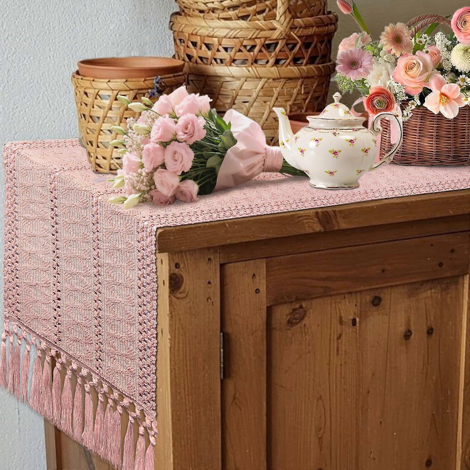 Boho Table Runner 48 Inches Dusty Pink with Tassels, Bohemian Farmhouse Dining and Coffee Table Decor