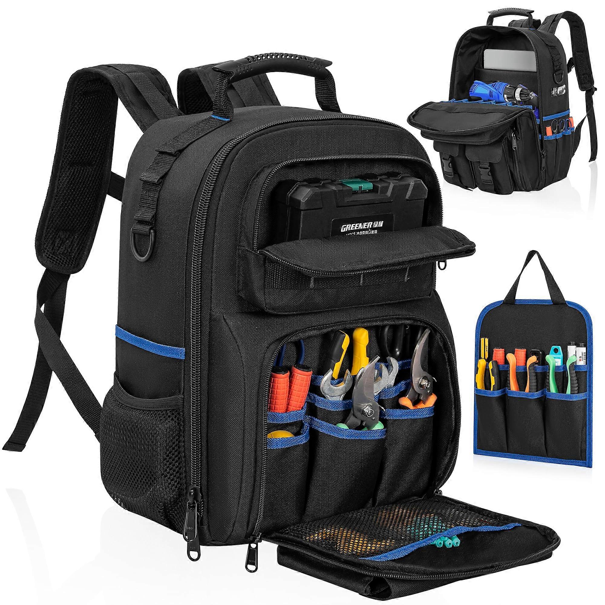 Waterproof Heavy Duty Tool Backpack with 59 Pockets, Ergonomic Support, Black and Blue