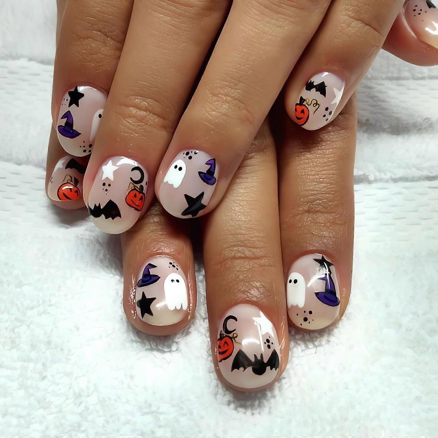 Halloween Press On Nails Short Square with Cute Pumpkin Ghost Bat Design, 24pcs Reusable Set