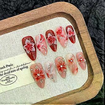 10pcs Handmade Almond Press on Nails Hand-carved Devil s Flower Design Fake Nail Tips Wearable Detachable Ins Sweet False Nails