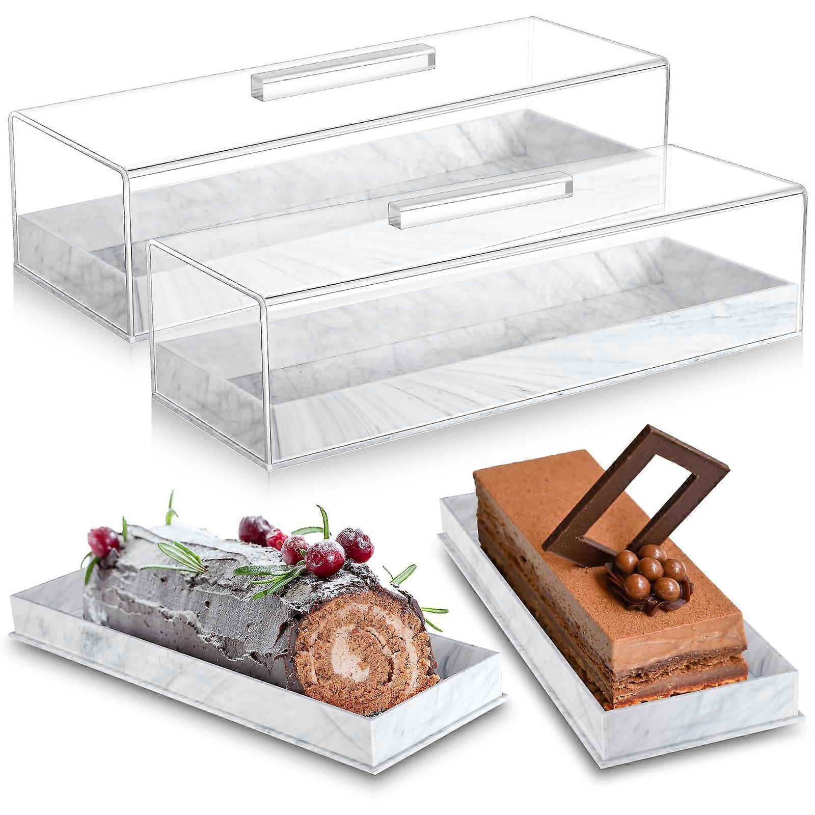 Rectangular Cake Stand with Lid, Marbleized Dessert Tray, Acrylic Pastry Display Case, Grey