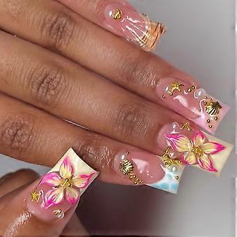 Medium Long Square False Tip Set 24 Piece Multi Size Format, Soft Pink French Style Design with 3D Floral Starfish Accent for Everyday Styling
