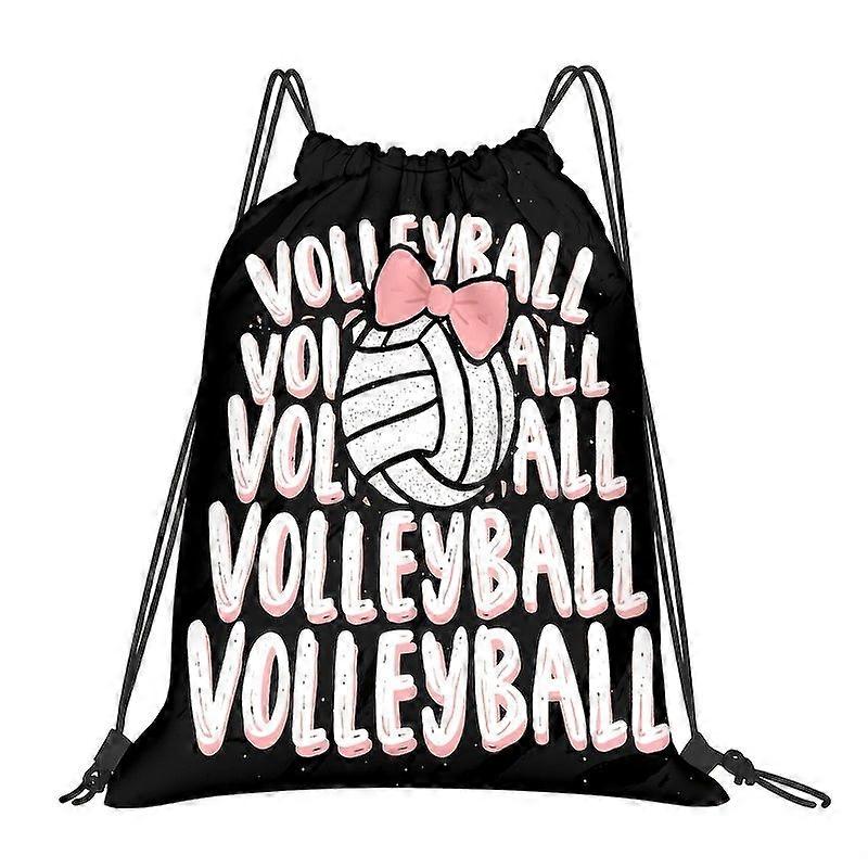 Pochette à cordon avec motif de volley-ball et nœud rose décoratif « VOLLEYBALL », slogan répété, idéale pour la salle de sport, le terrain, l'entraînement, les voyages et le cyclisme. -Uwers