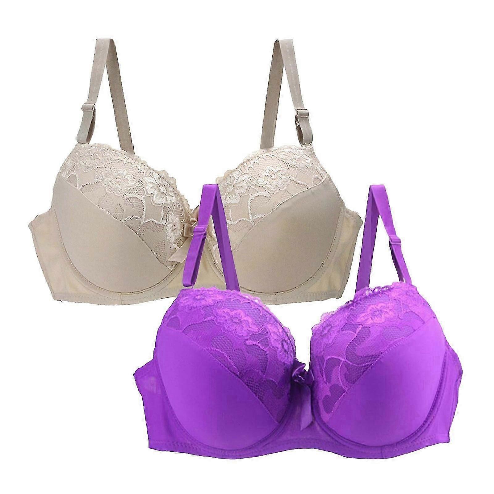 2PC Women's Push Up Lace Bras Full Coverage Soft Padded Underwire Grey Plus Size