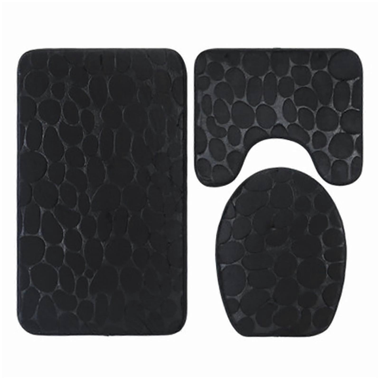 3-Pc Black Bath Mat Set Non-Slip Cobblestone Back