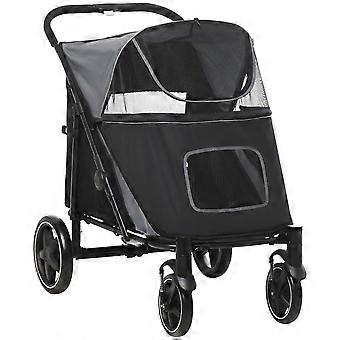 Dog buggy/stroller, foldable, up to 30 kg, with mesh window, safety leashes, cushion, for large and medium dogs, Oxford, grey