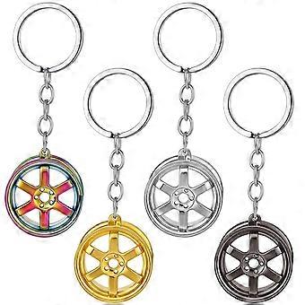 Car Keychain Set 4 Pack, Metal Turbo and Mini Wheel Hub Design, Multicolor Durable Gift for Car Lovers