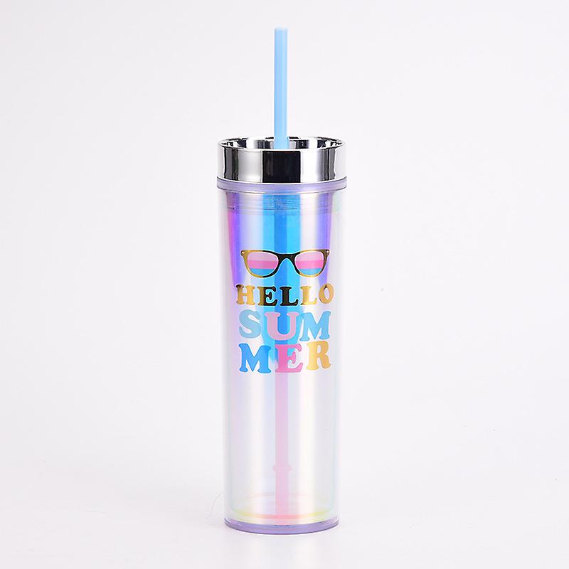 16oz plastic straw cup creative straight body water cup magic color electroplating lid double layer plastic cup