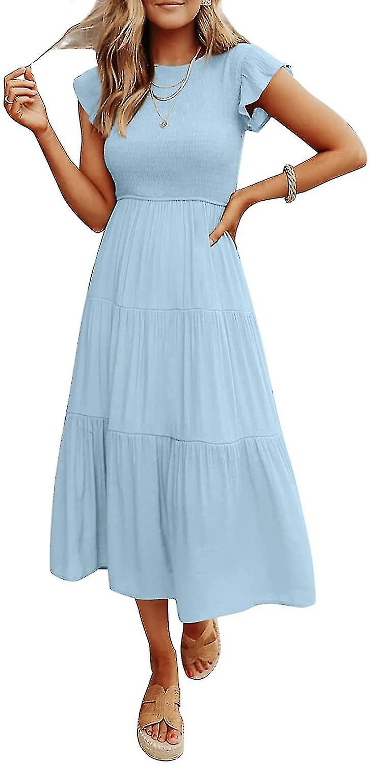 Femme Été Décontracté Flutter Manches Courtes Crew Neck Smocked Elastic Waist Tiered Midi Robe Midi