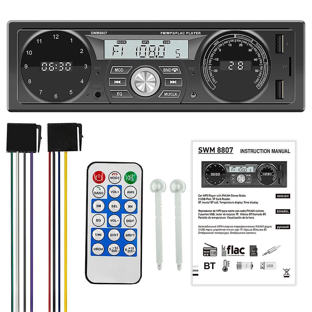Car Stereo Receiver Single Din Bt Mp3 Player Am/fm Radio Support Time/temperature Display Hands-free Calls U-disk/tf Card/aux-in