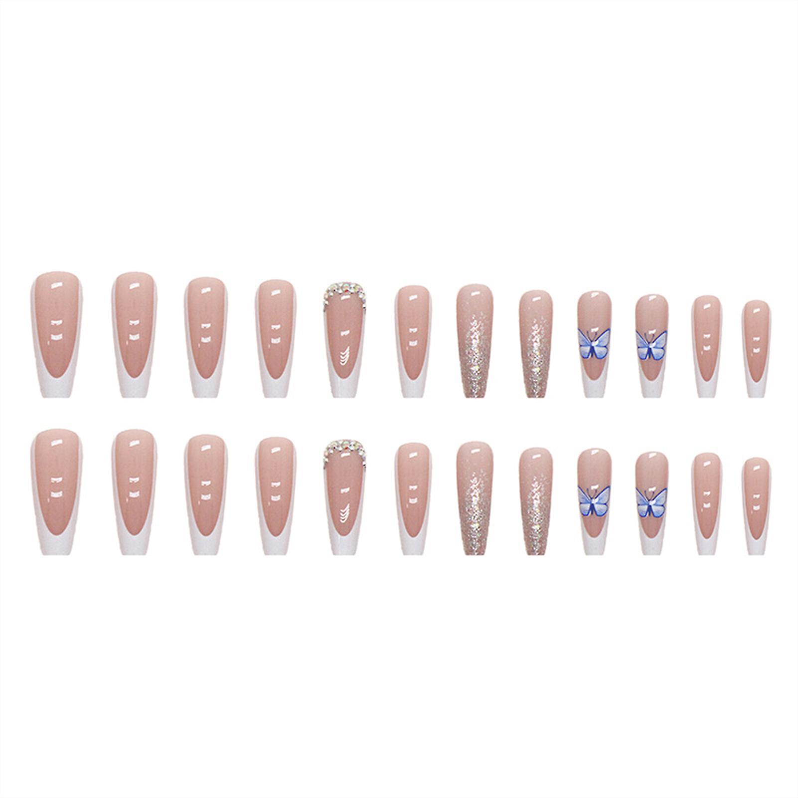 French White Artificial Nails Blue Butterfly Press-on Nails With Nail Glue