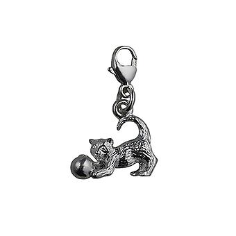 Silver 11x19mm Cat playing with Ball Charm Cat on a lobster...