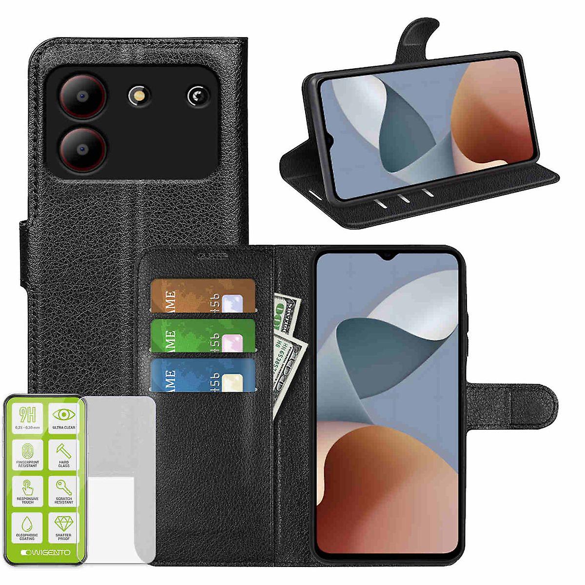 For ZTE Blade A54 Book Wallet Mobile Phone Case Black + H9 Hard Glass