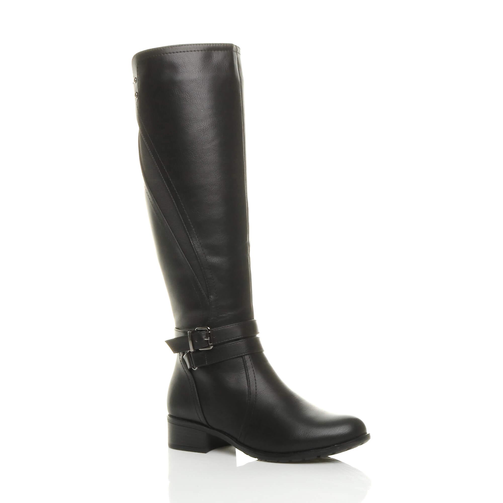 Ajvani womens low heel strap zip stretch elastic knee high riding boots