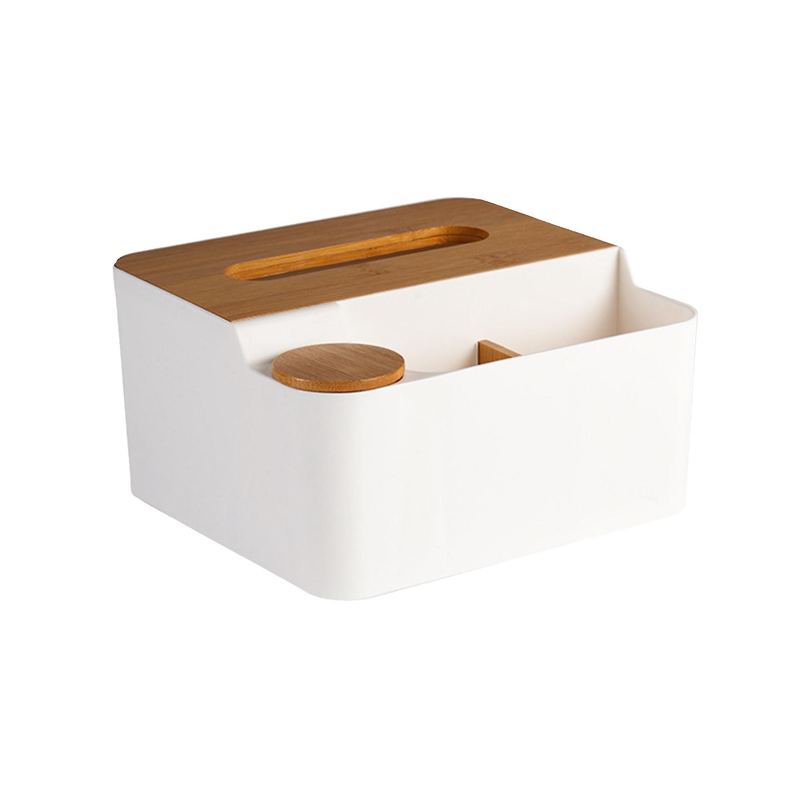 Multifunctional Tissue Box Plastic Wooden Lid Desktop Tissue Box Organizer for Living Room Bedroom White