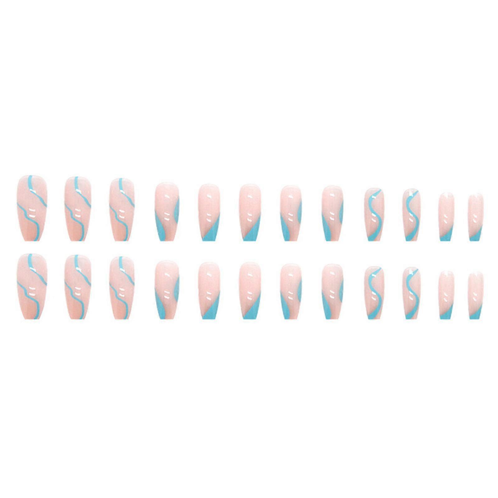 24pcs Long Press On Nails Blue Waves Design Sweet Style Full Coverage Nails