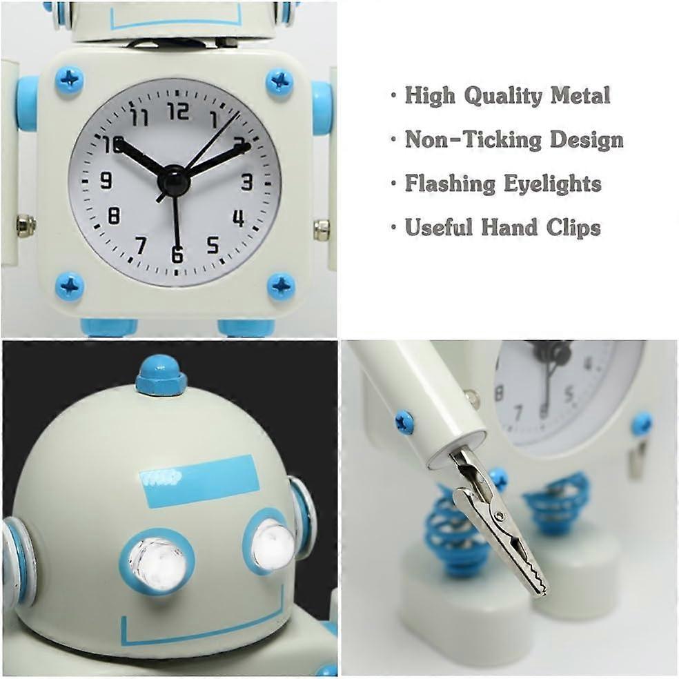 Betus [Non-ticking] Stainless steel robotic alarm clock - Alarm clock with flashing lights and hand clip (White)