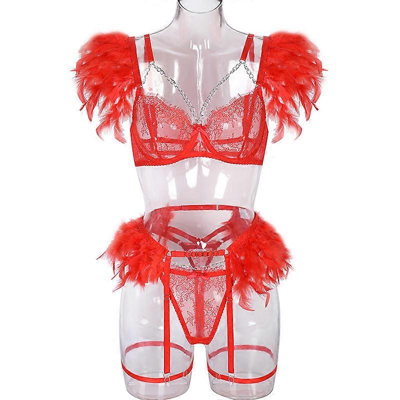 Lace Lingerie Set, 3/4 Cup Underwire Bra Feather Trim Charming Breathable Women Garter Bra Panties with Leg Loops for Honeymoon