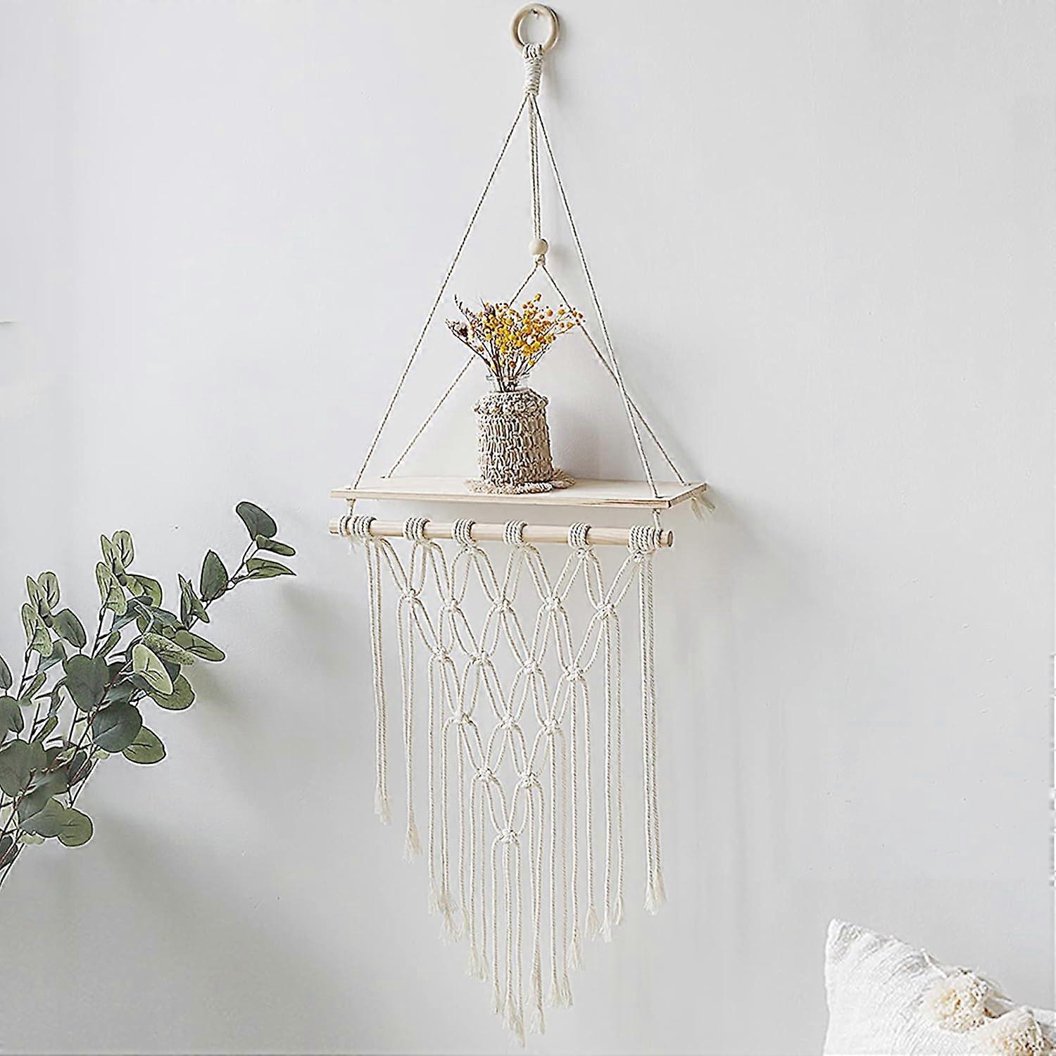 Shelf Wall Hanging with Wooden Shelves Floating Shelf Handwoven Natural Cotton Rope Tapestry Bohemian