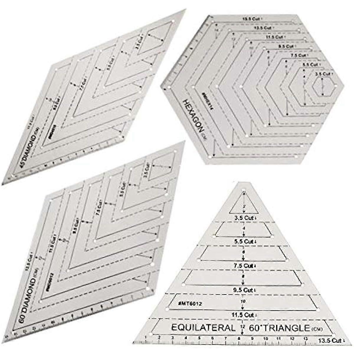 4Pcs Quilting Ruler with 60 Degree Triangle and Diamond 45 Degree Diamond  Hexagon Shape Templates Transparent Patchwork Sewing Cutting Craft Ruler DI
