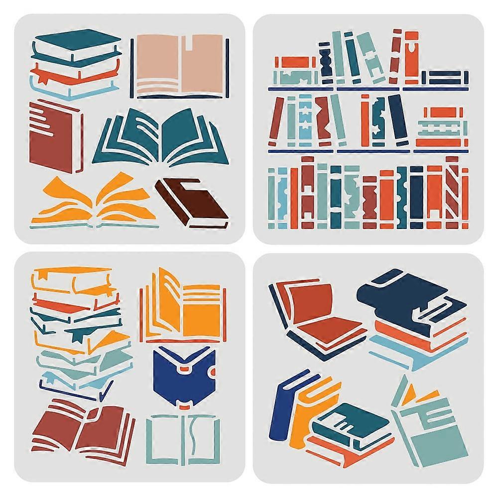 1Set Book Stencils for Painting 15x15cm Plastic PET Collection Books Stencil Templates Reusable Stacked Standing Book Drawing Stencil