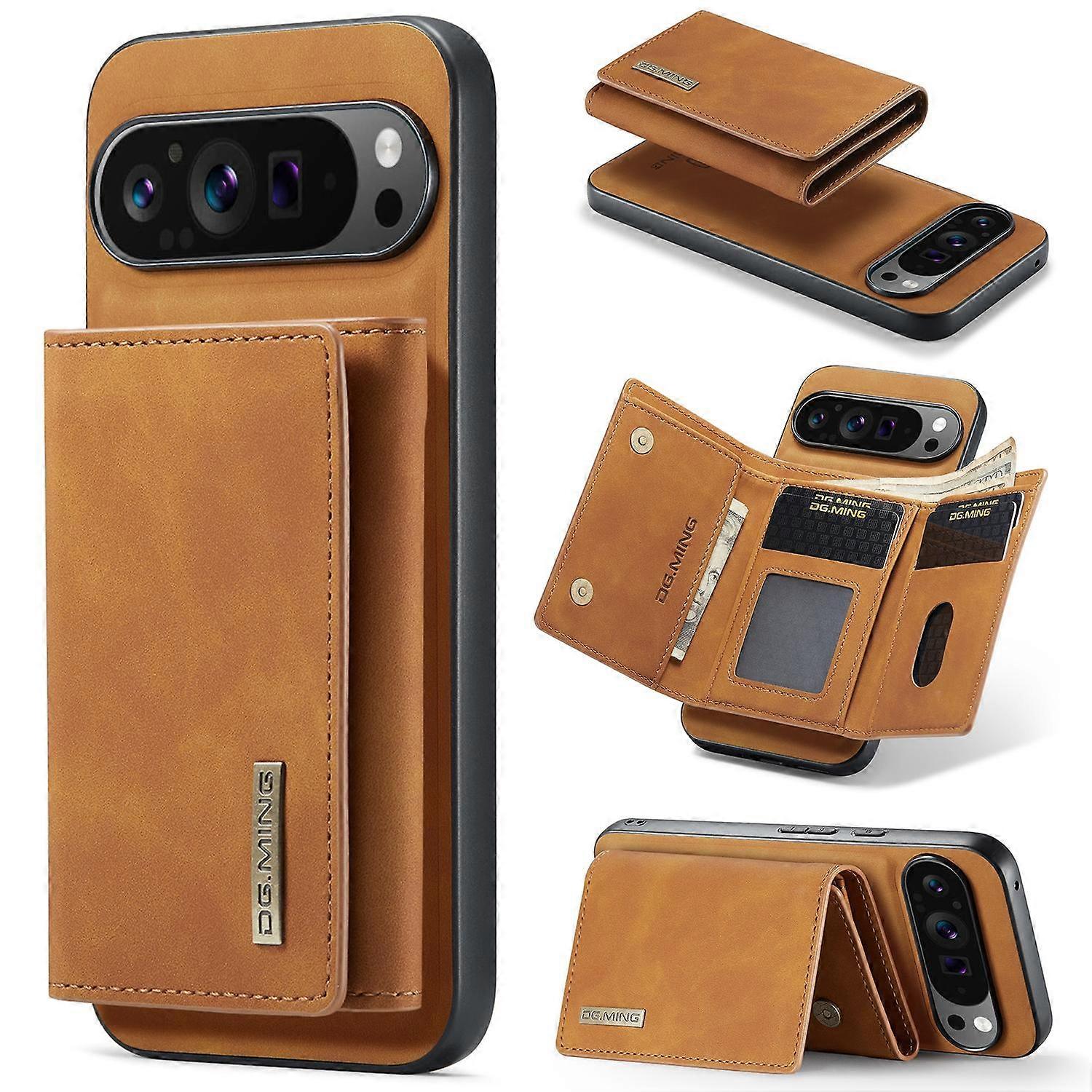 M1 Series for Google Pixel 9 Pro XL Case Kickstand PU Phone Cover with Detachable Wallet - Brown