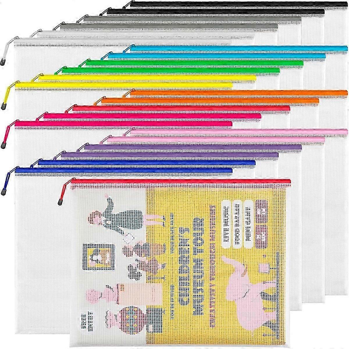 A3 (16.9x12.4 In,24 Pcs) Mesh Zipper Pouch,12 Colors Extra Large Zipper Bags,waterproof File Pouches For Office Supplies