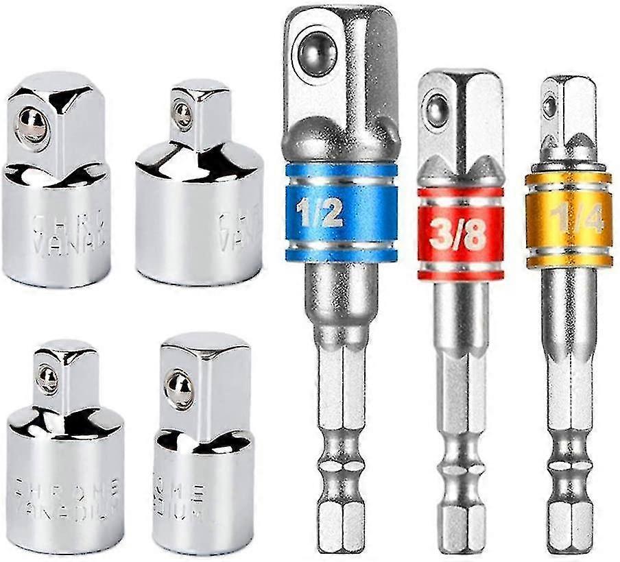 Socket Adapter Converter Set 3 Piece Hex Shank Drill Bits Nut Wrench Socket Extension Adapter Bit Set + 4 Pack Reducer Adapters For Ratchet