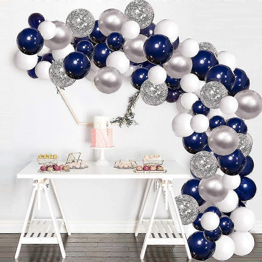 Silver Blue Balloons Garland Kit, 120 Pcs Navy Blue And Silver Confetti White Balloons Arch With 16ft Tape Strip Dot Glue For Party Wedding Birthday