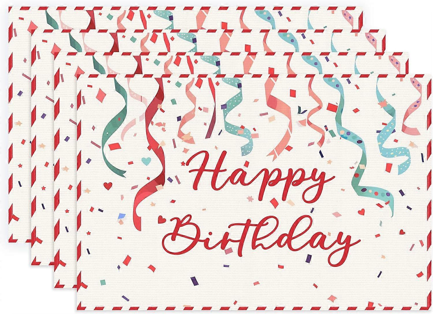Red Ribbon Placemat Set of 4, Birthday Party Placemats (Happy Birthday in Red Text, Placemats Set of 412" x 18"