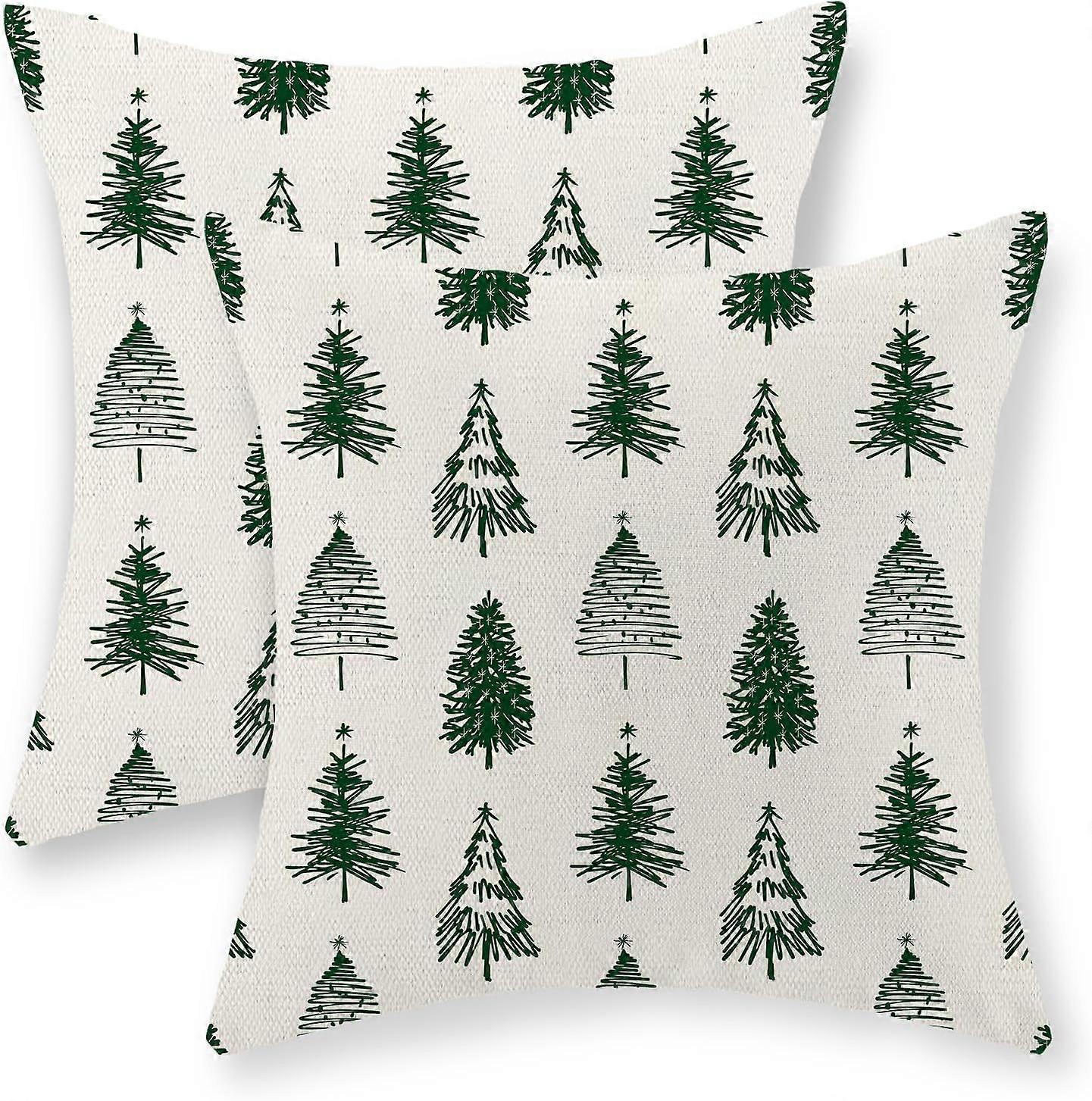 Vianočné obliečky na vankúše 16x16 Sada 2, vianočná výzdoba Ľanová obliečka na vankúš Vianočný stromček Geometrické zelené vankúše Zimný farmársky dom Sviatočná výzdoba