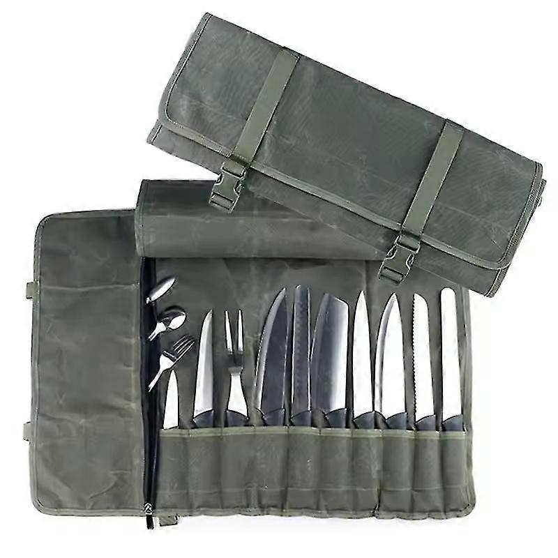 Waxed Canvas Chef's Knife Roll Bag, Chef's Knife Organizer with 10 Slots and Zipper Pocket, Portable Chef's Knife Bag