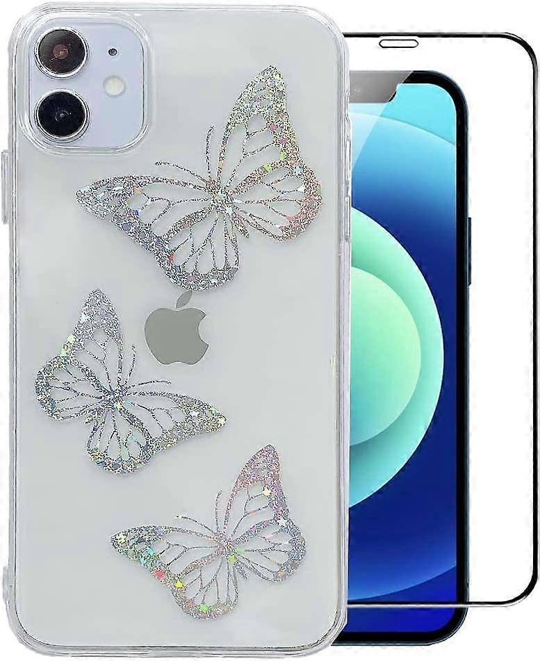 Compatible with iPhone 12 Mini Case with Screen Protector,Clear Cute Butterfly Soft TPU Electroplated Cover Bling Glitter Cool Slim Trendy Pattern for