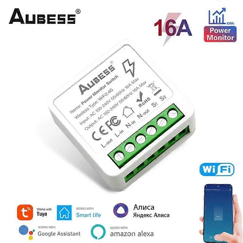 Aubess Mini Smart Wifi Switch 16A With Power Monitor Wireless Light Switches Smart Home Tuya Smart Life Alexa Alice Google Home