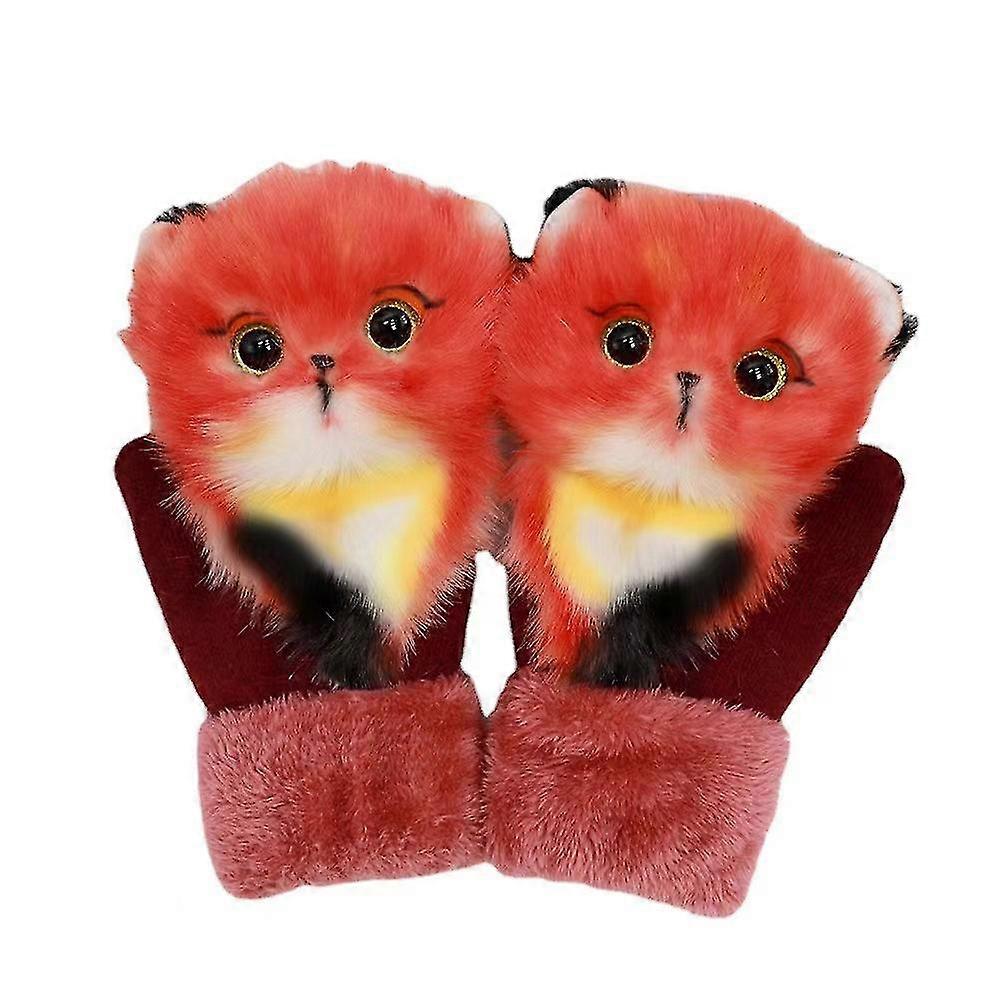 Cartoon Tier Plüsch Handschuhe Winter Warm Strickhandschuhe für Erwachsene Kinder-Fuchs Rot