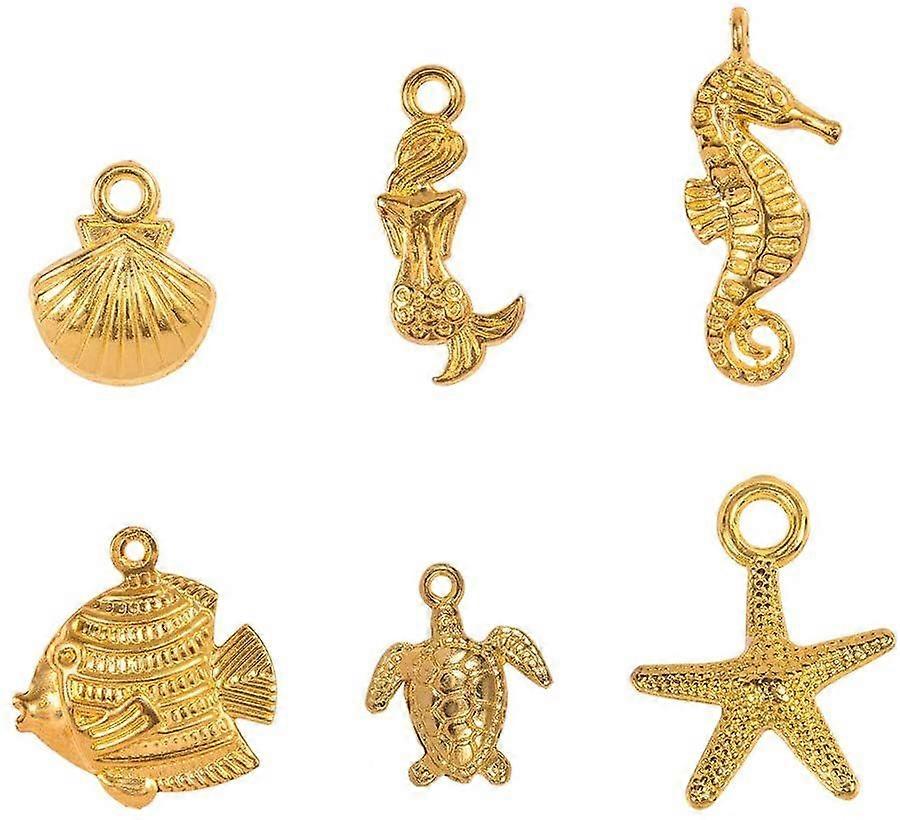 Tibetan Style Alloy Pendants Starfish & Turtle & Sea Horse & Shell & Fish & Mermaid Golden 7.4x7.2x1.7cm 120pcs/box