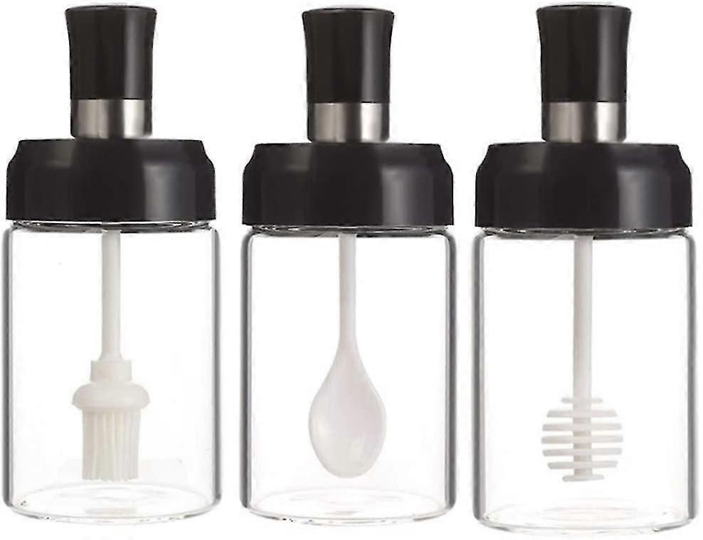 Seasoning Containers 3 Pa Glass Spice Jars Transparent Container Sealed Box Lid With Brush Spoon Honey Sti Kitchen Bottles,3853