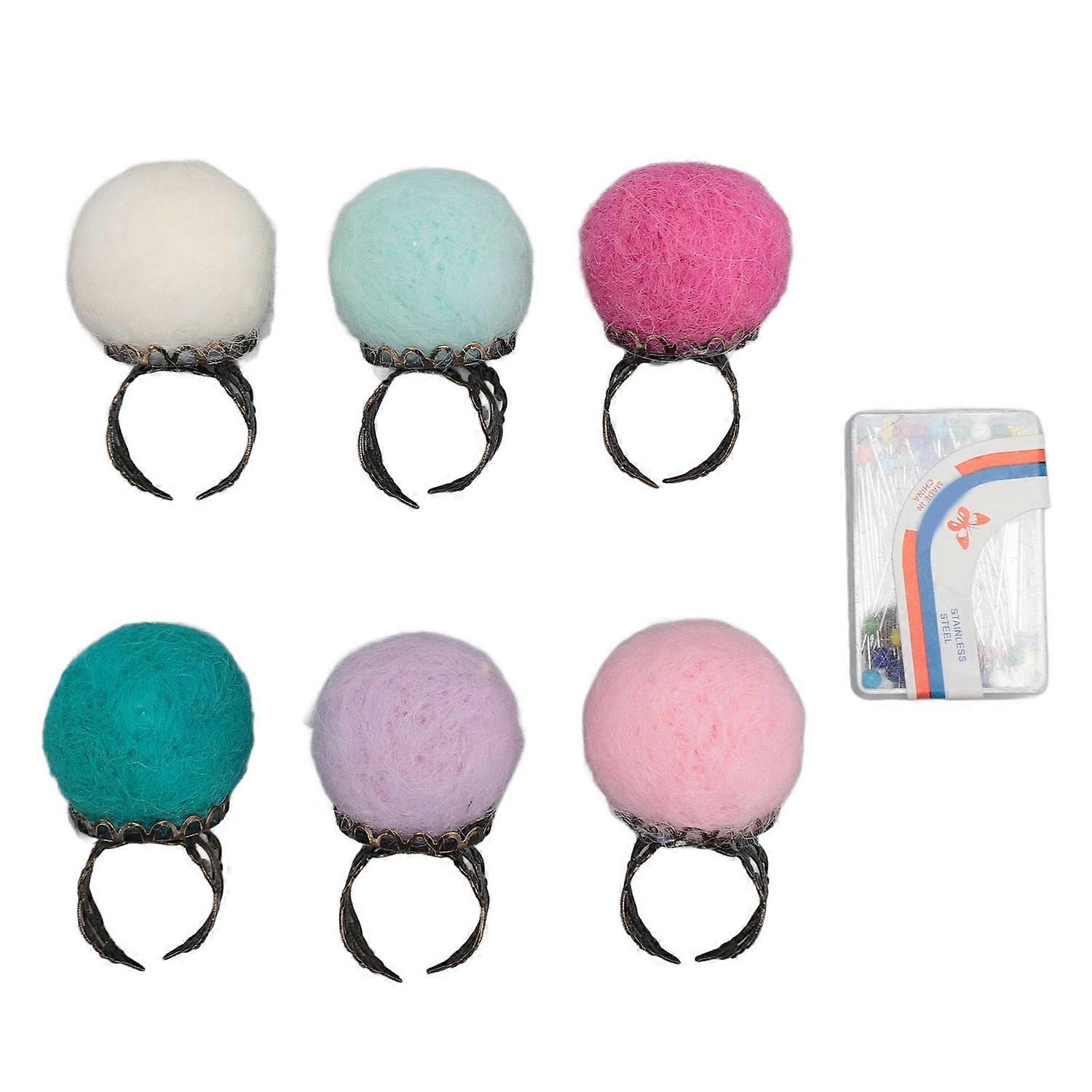 6pcs Felt Pin Cushion Rings with Fabric Pins Vintage Lightweight Finger Pin Cushions for DIY Crafts