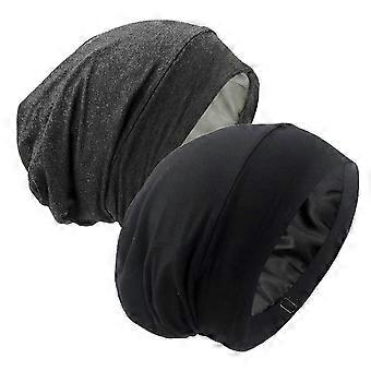 Satin Lined Hair Cover Sleep Cap - Sleeping Beanie For Frizzy Natural Curly Hair Protection - Black & Dark Grey