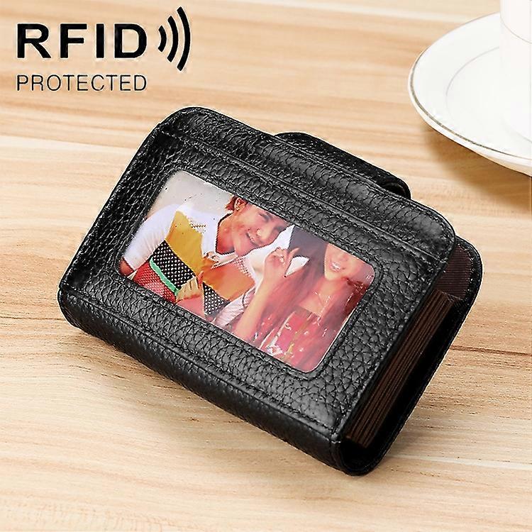 KB188 Horizontal Cowhide Leather Organ Shape Multiple Card Slots Anti-magnetic RFID Wallet for Ladies, with Transparent Window