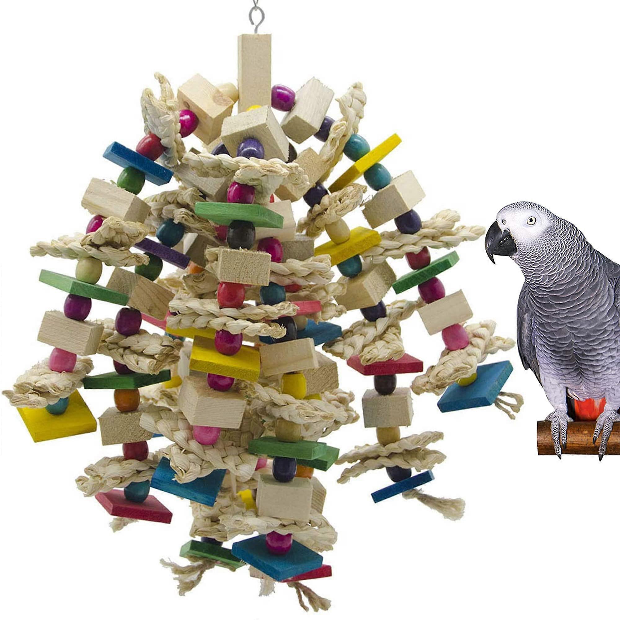 Big Parrot Chewing Toy - Durable Bird Cage Bite Toy for African Gray, Macaws, Cockatoos - Colorful Blocks and Knots