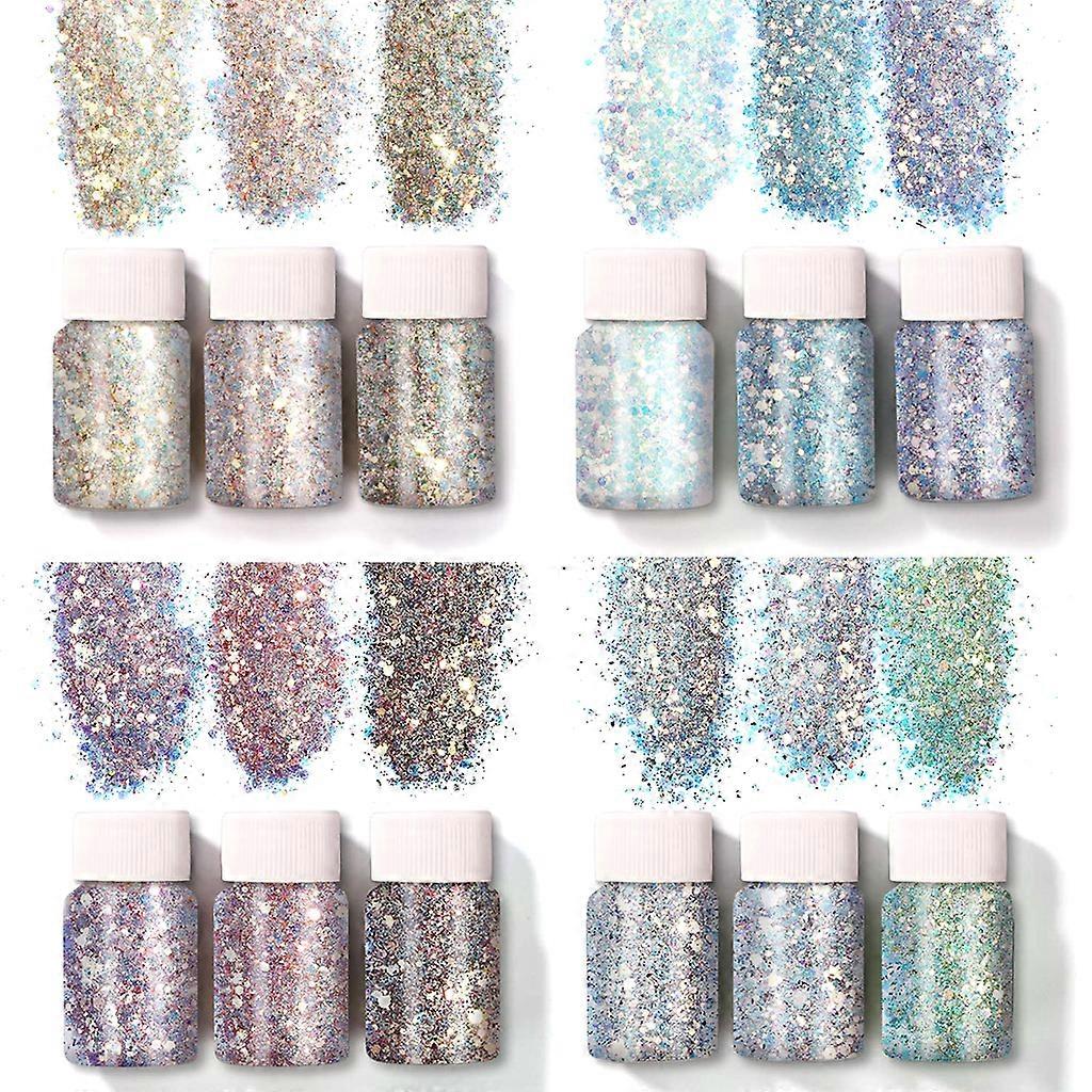 12 farger holografiske tykke glitterpaljetter for ansikt kropp øyehår negledekorasjon DIY håndverk flak multi