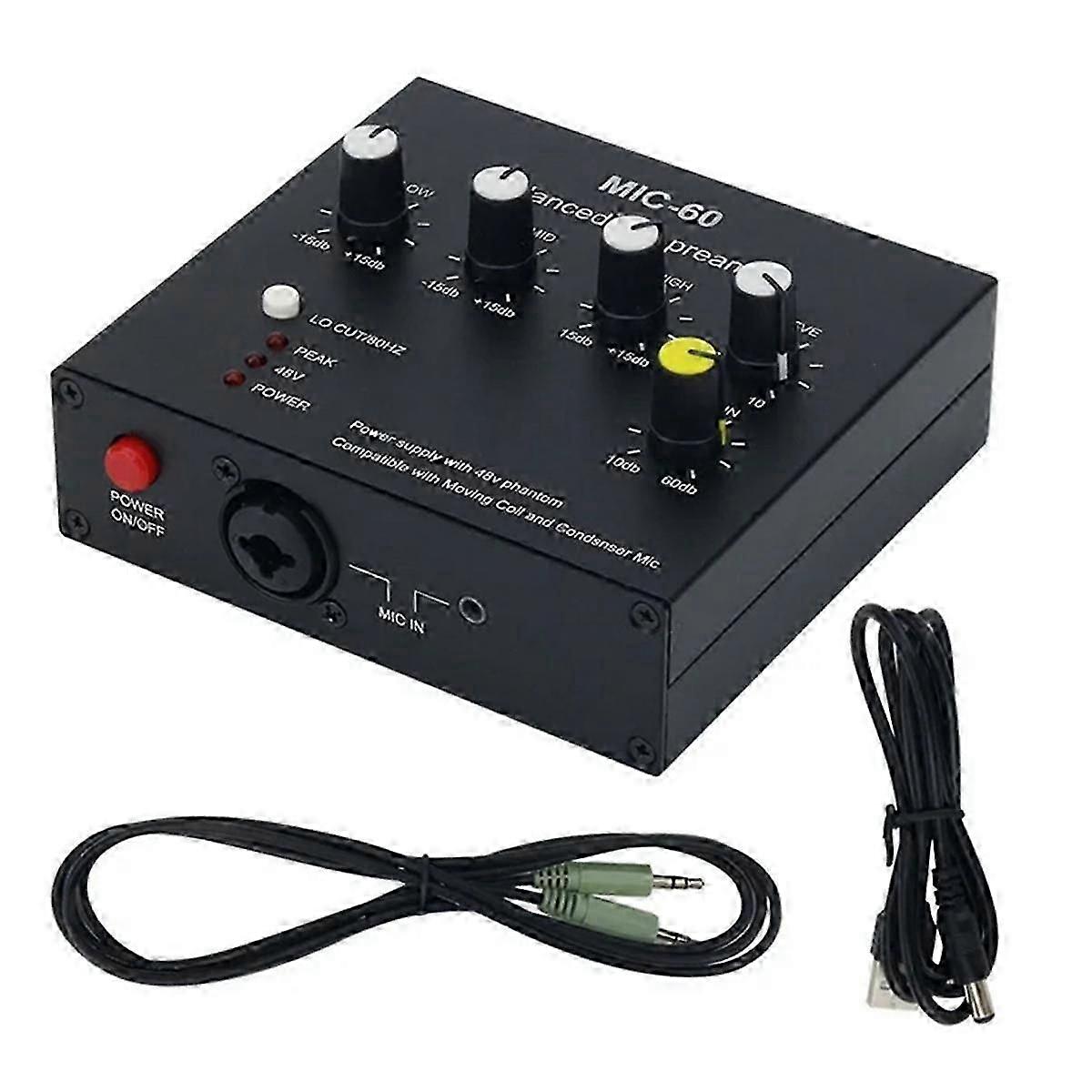 MIC-60 3-Band-Equalizer Symmetrischer Mikrofonvorverstärker Mikrofonvorverstärker mit DC-Kabel und 3,5-mm-Kabel