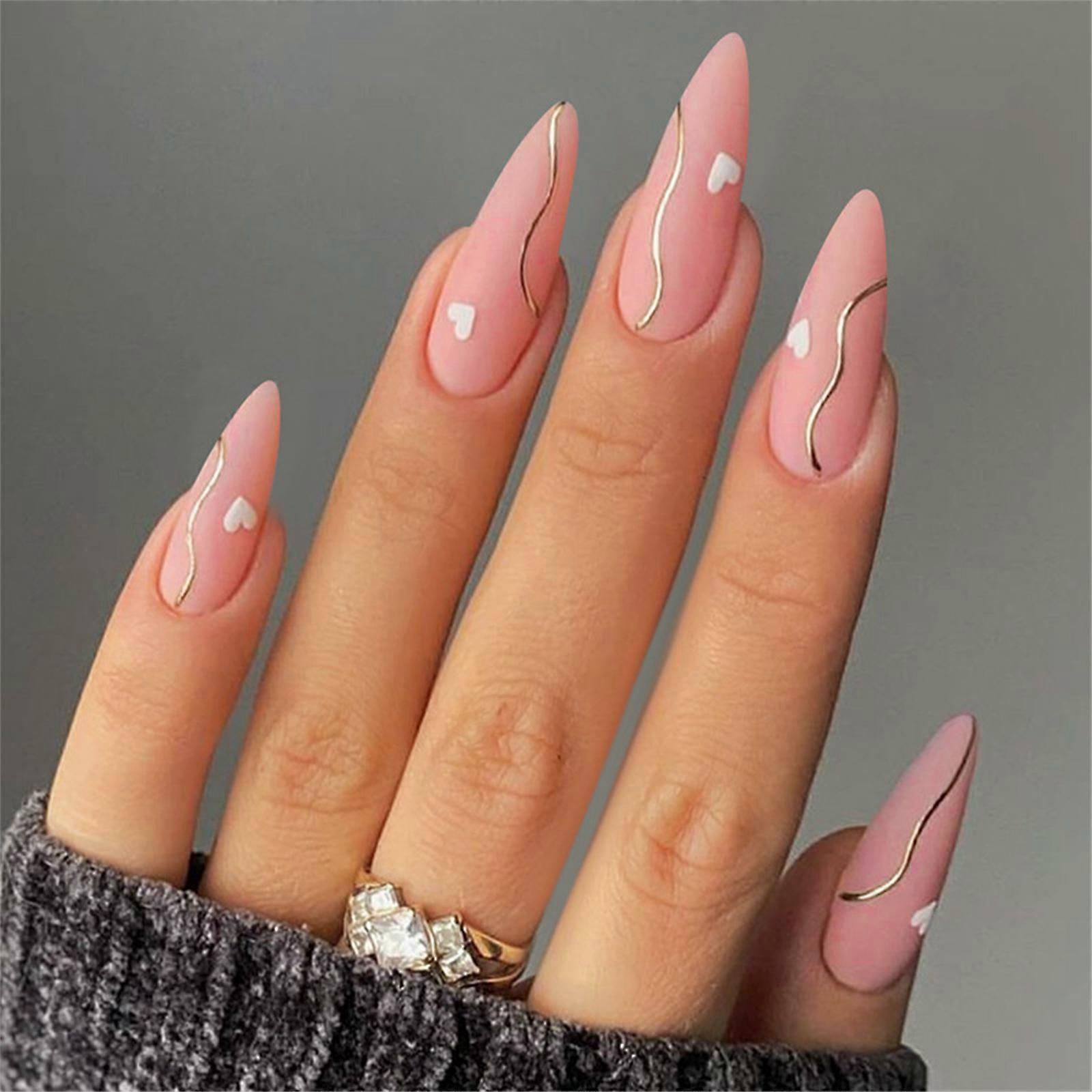 Estiletes Amêndoa Fake Nail Press Na Unha Artificial Unha Falsa Colas Na Unha Valentine Designs Pontas De Unhas Francesas