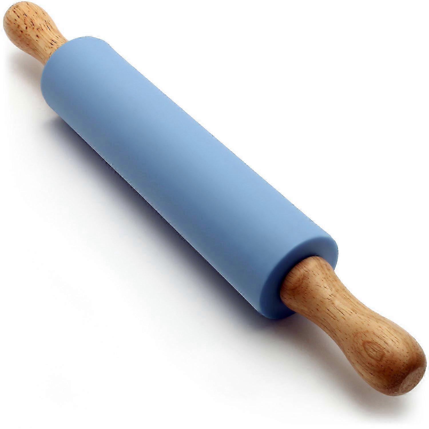 Mini Non-Stick Silicone Rolling Pin with Wooden Handles - 12" Blue Baking Dough Roller