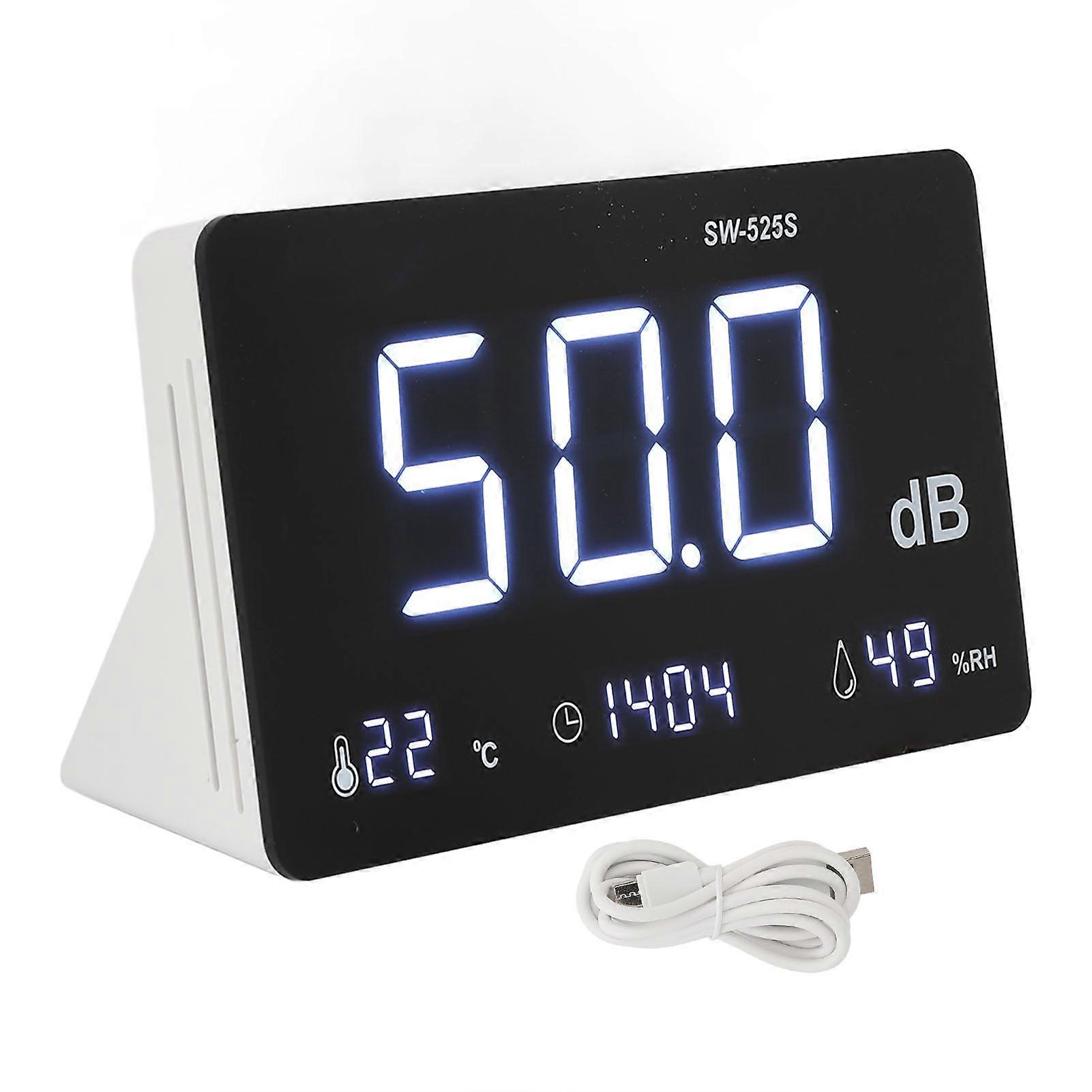 4 in 1 Sound Level Meter with Noise Decibel Temperature Humidity Measurement and Audible Visual Alarm Time Display