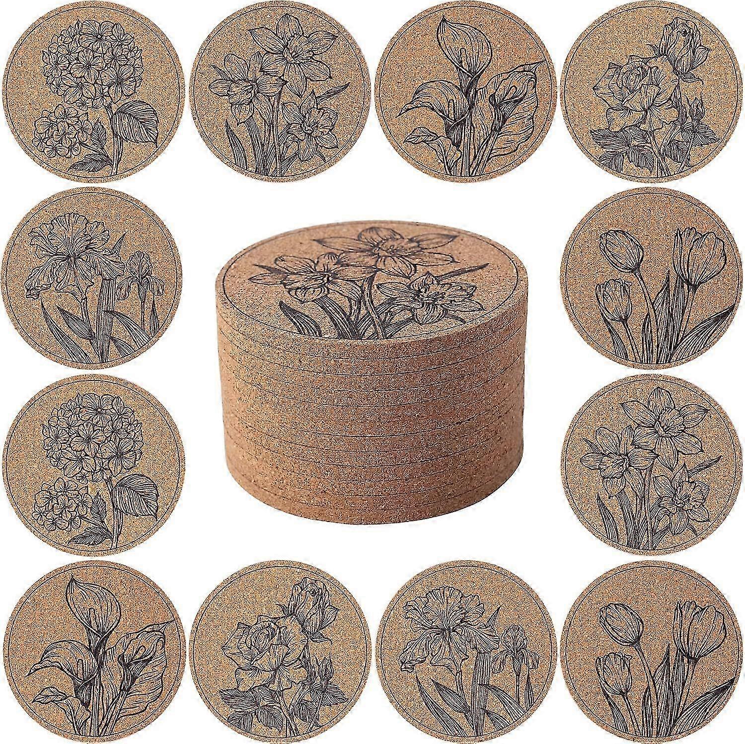 12 pcs Floral Absorbent Cork Coasters for Coffee Table
