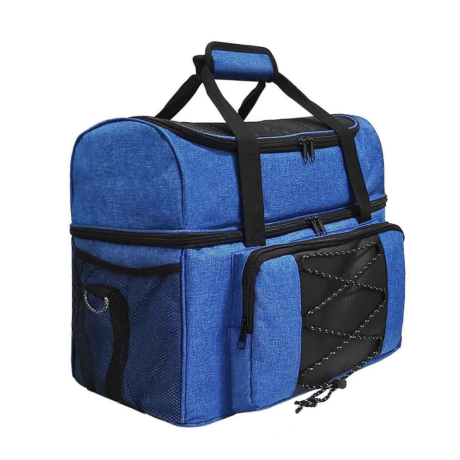 Bowling Ball Bag with Padded Divider for 1 Pair of Shoes and Double Ball Holders, Durable Blue Tote with Fastening Straps